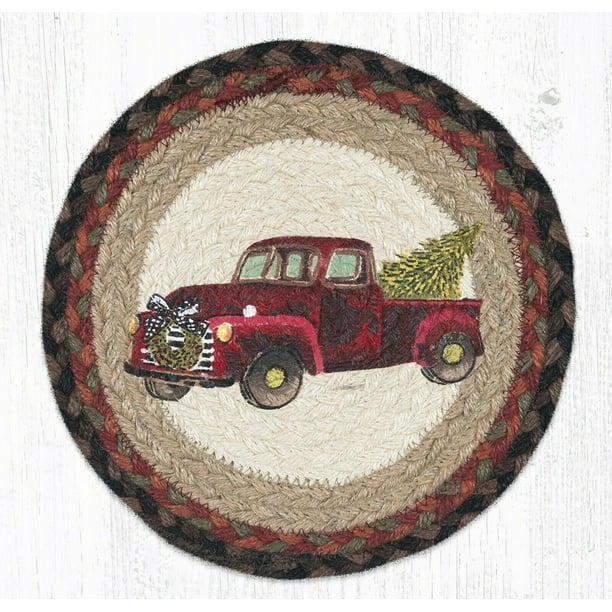 RED CHRISTMAS TRUCK 100 Natural Jute Swatch, 10" Trivet/Placemat, by