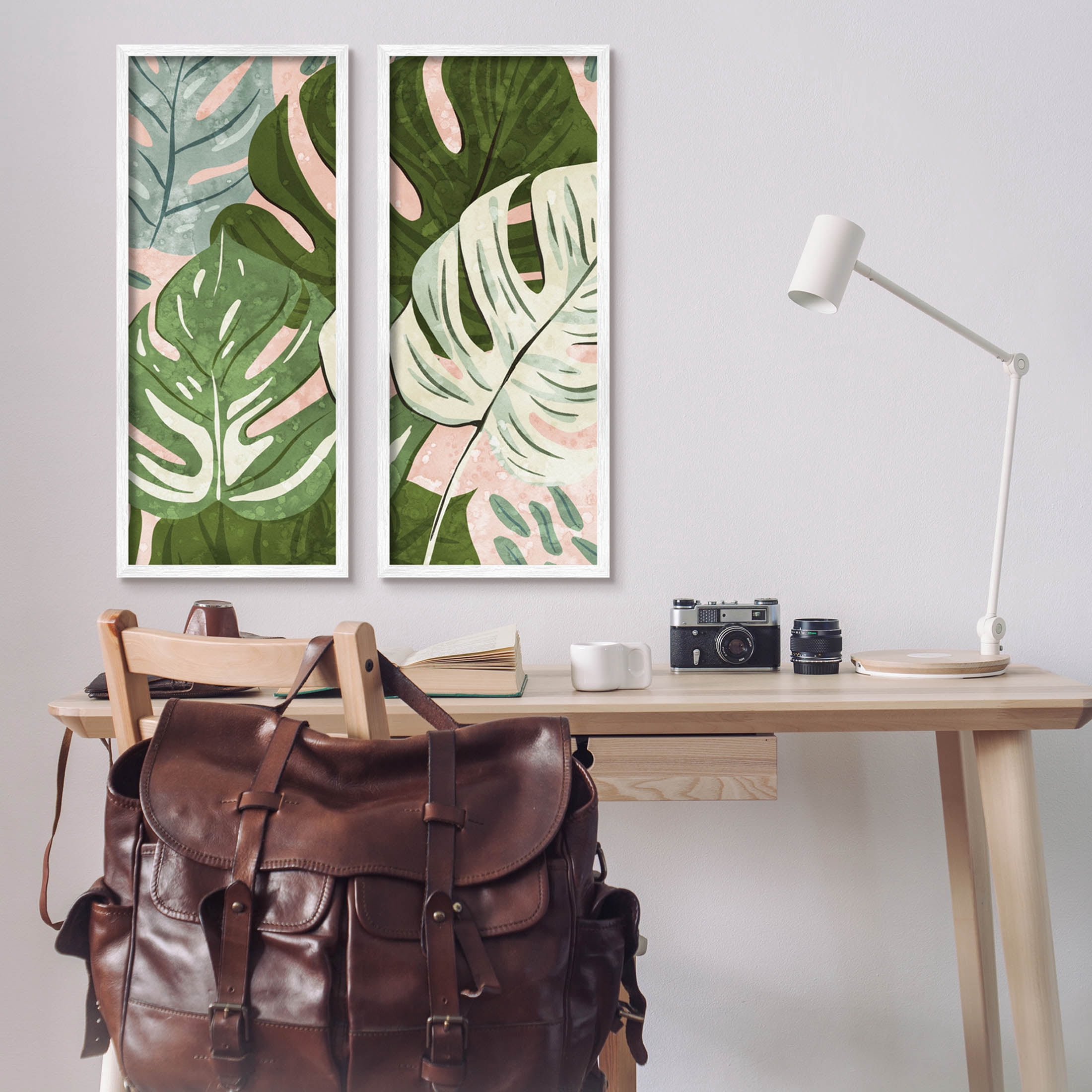 Modern Layered Monstera Leaves Botanical & Floral Graphic Art White Framed Art Print Wall Art, Set of 2