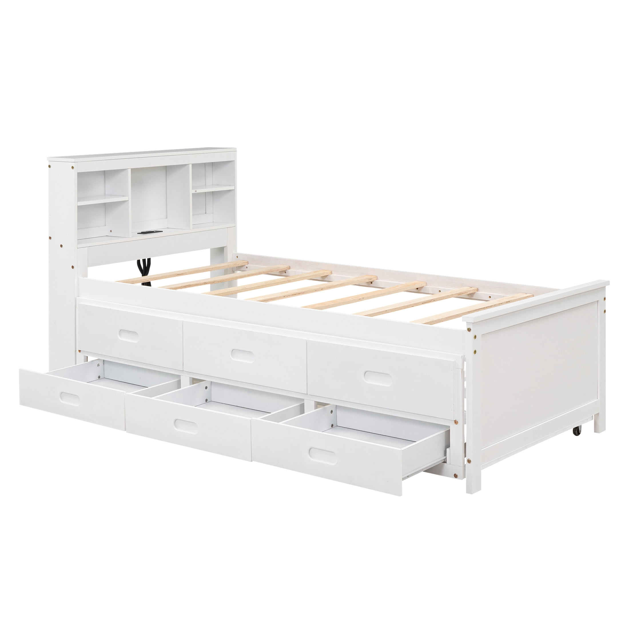 Noble House Nerissa Twin Platform Bed with Bookcase Headboard, USB Ports, Extra Trundle and Storage Drawers, White