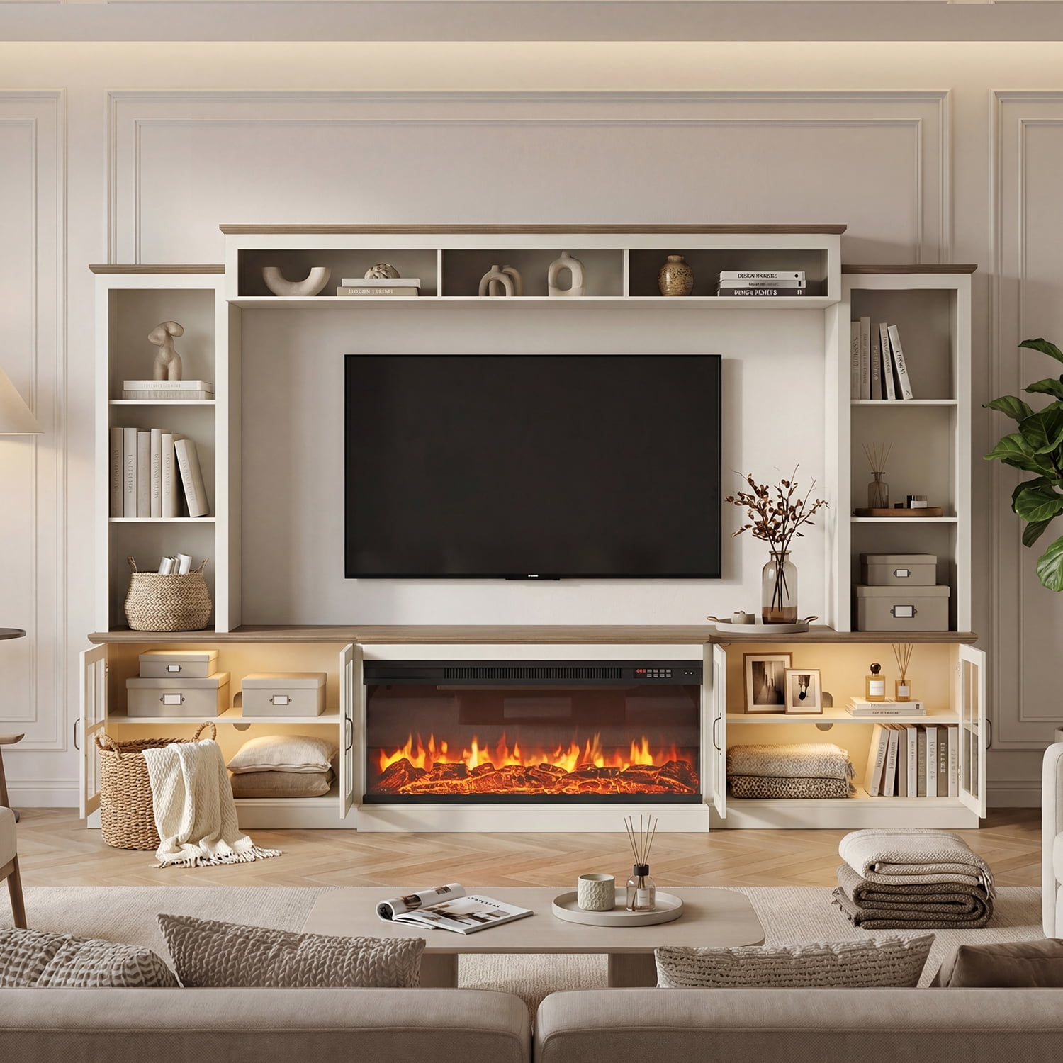 Sonegra 98" Farmhouse Entertainment Center with 36" Fireplace, TV Stand, Bookshelf, Cabinet, Fits TVs up to 75", Media Console with Power Outlets and Barn Doors for Living Room, White