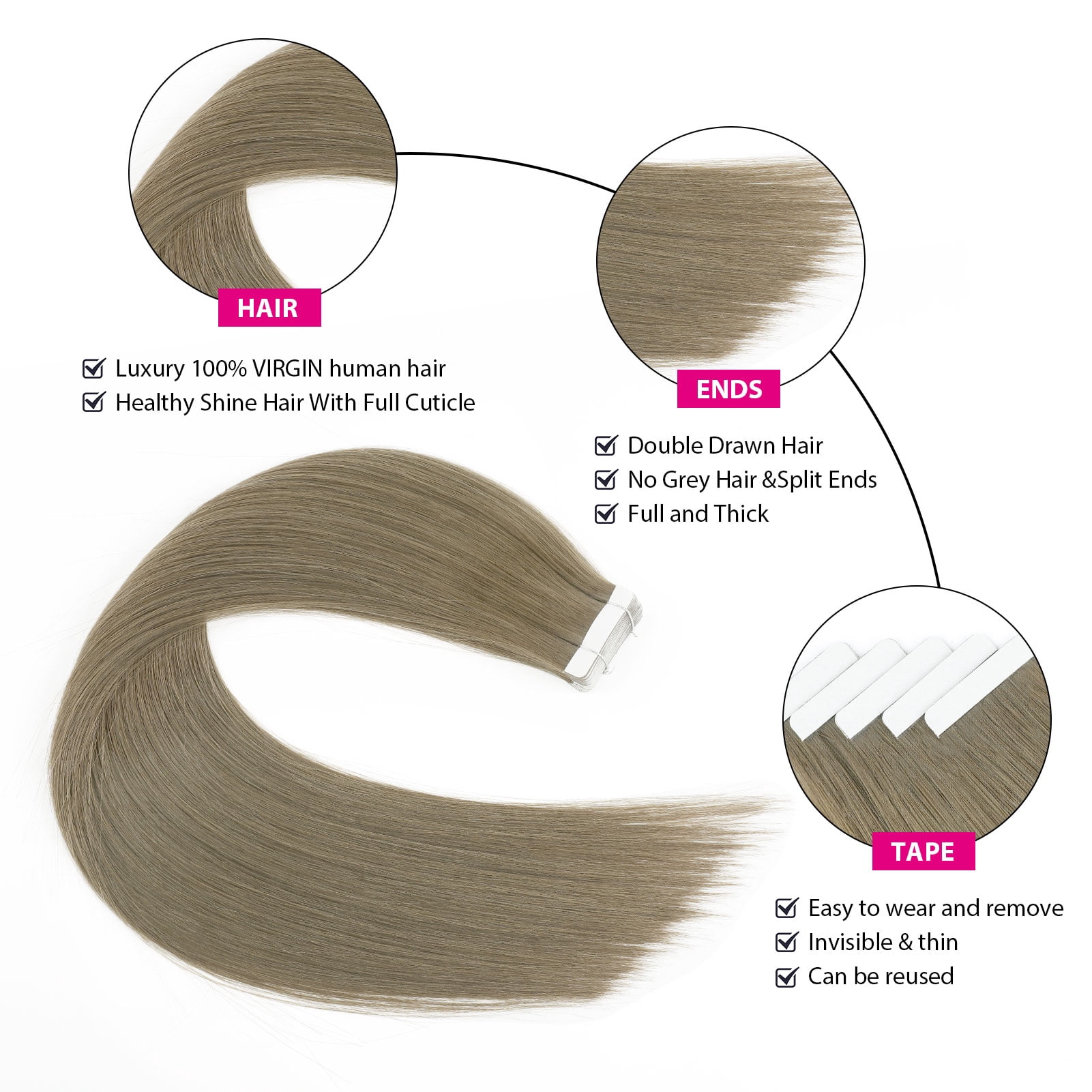 Sassina Tape-In Hair Extensions 100% Human Hair Sandy Brown #18A 18 Inch 20pcs 50g