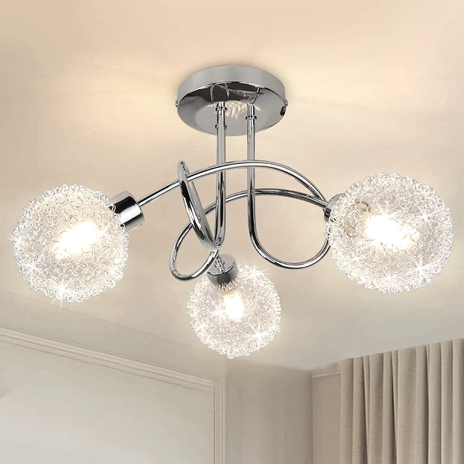 Depuley 3-Light Semi Flush Mount Ceiling Light, Modern Globe Ceiling Lamp with Glass Shade, Elegant Chandelier for Bedroom, Kitchen, Dining Room, Hallway, G9 Base