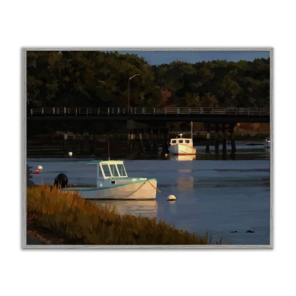 Stupell Industries Contemporary Boats Under Bridge River Scenery Gray Framed Giclee Art, 20 x 16, by Emily Kalina