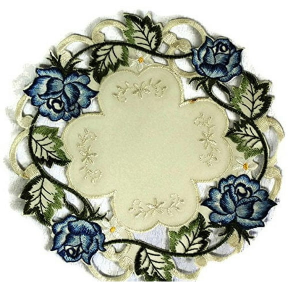 Doily Boutique Round Doily with Victorian Blue Roses and Ivory Fabric, Size 23 inches