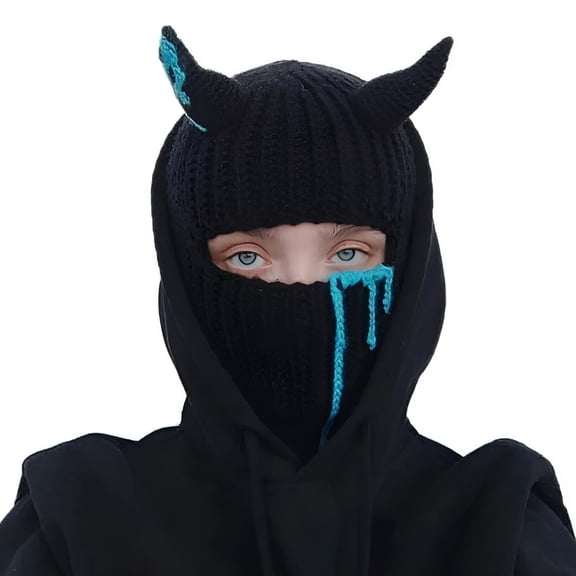 TELOLY Funny Devil Horns Knitted Beanies Hat for Men Women Warm Balaclava Hat Full Face Ski Mask Hat