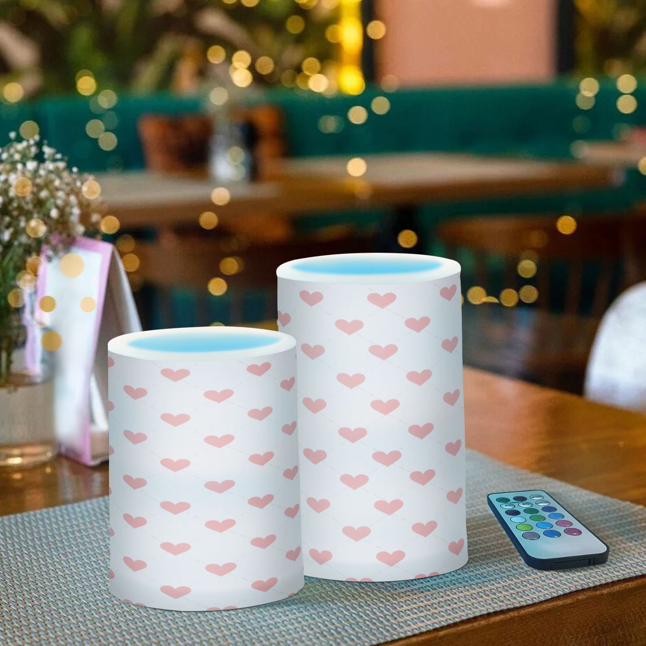 Pink Love Pattern Flameless LED Candle Set with Remote, Battery Operated Color Changing Pillar Candles, Set of 2