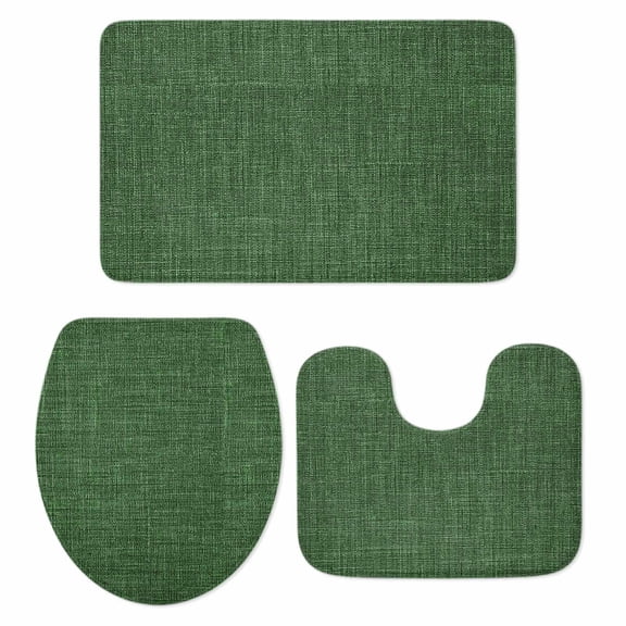Vintage Dark Bathroom Rugs Set Green Linen Texture Farmhouse Non Slip Absorbent Soft Bath Mats 3 Piece Set with Bathroom Rug, U-Shaped Floor Mat, Toilet Seat Cover Large Size