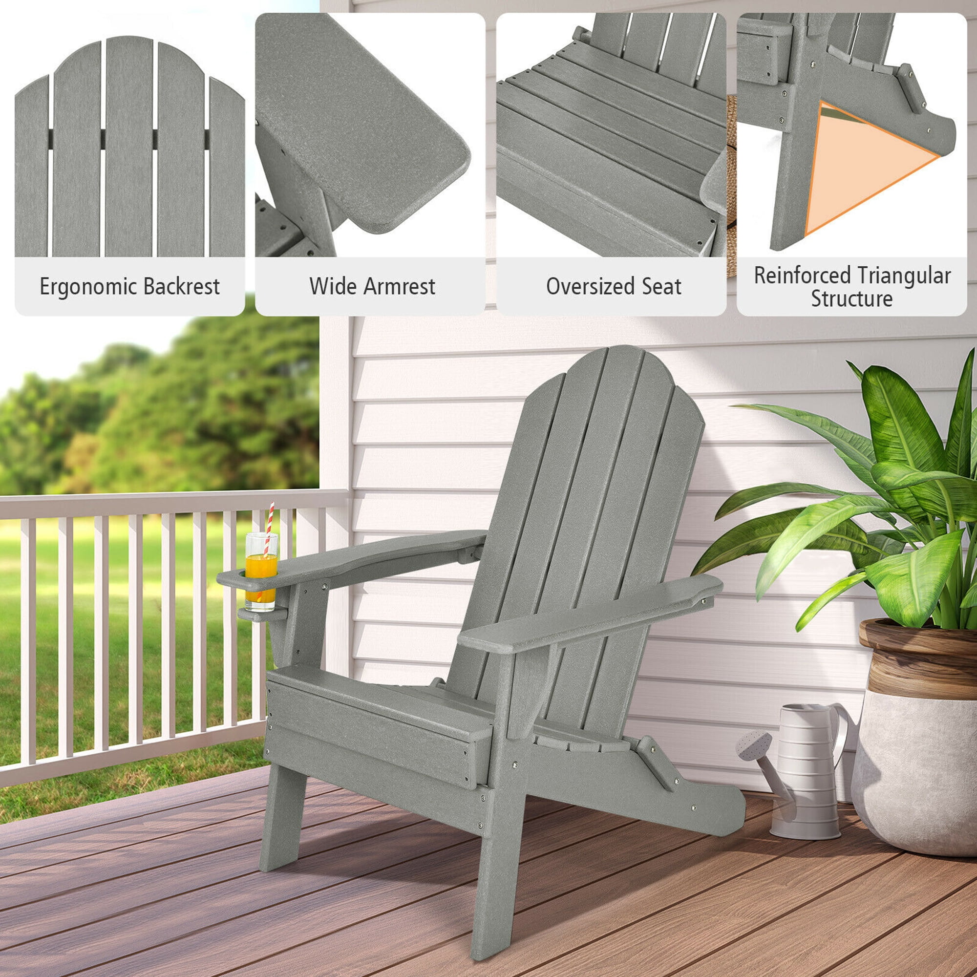Gymax 2PCS Patio Folding Adirondack Chair Weather Resistant Cup Holder Yard Grey