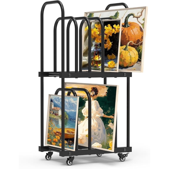 MOOFI Double Layer Art Drying Rack with Wheels, Mobile Painting and Canvas Storage Organizer for Art Studio and Classroom, Black
