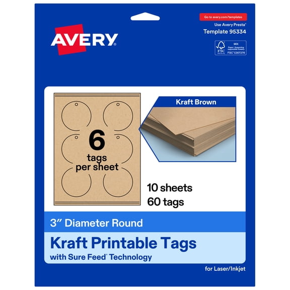 Avery 3" Diameter Round Tags, Kraft Brown, 60ct