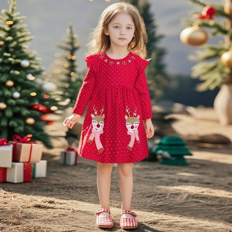Gelikeya Girls Christmas Dresses Size 7-8 Little Girl Long Sleeve Dresses Casual Midi Sundress Tutu Dress for Kids Winter Clothes (X07 Red, 7-8 Years)