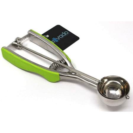 Millvado Stainless Steel Ice Cream / Cookie Scoop | Small Sized, With Green Rubber Grips, Spring Loaded Lever Design, For Sorbet, Melon, Meatballs, Muffins, and More, 1 Ounce