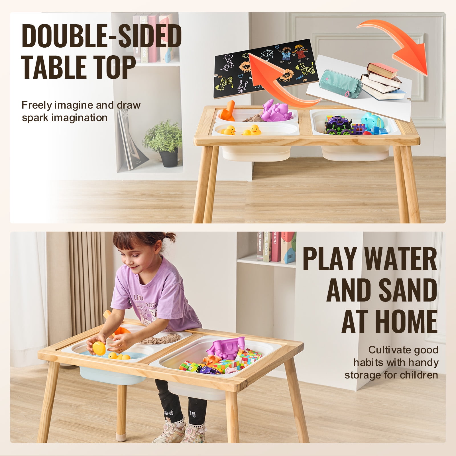 KFFKFF Kid's Sensory Table, Children's Exploration Table with 3 Collapsible Storage Containers & Dual-Faced Board, Wooden Activity Table for Drawing
