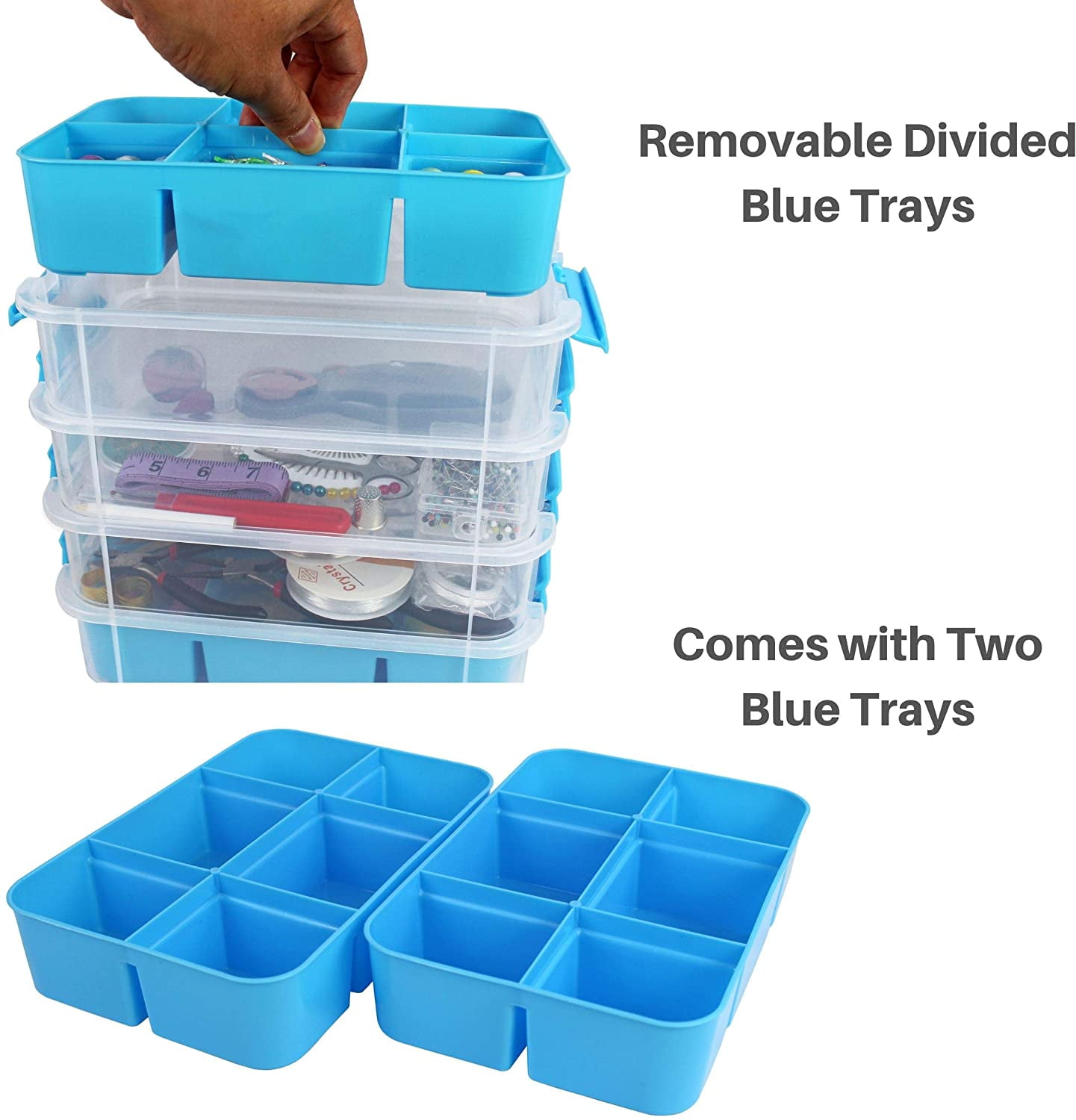 MyGift Clear Craft and Sewing Supplies Bin with Detachable Tray and Top Lid Flap, Arts & Crafts Container Organizer Box