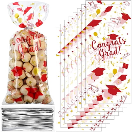 Sweetude 24-Pack Graduation Clear Gift Bags With Handles - 7.9x7.9x3.5 Inches, Red Congrats Grad Design