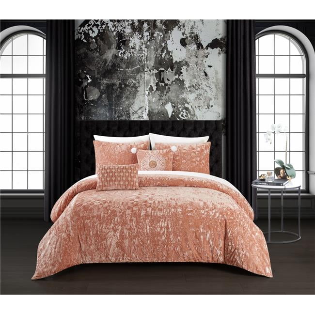 Elegant Dusty Rose Geometric Elastic Ruched 3 pcs Cal King Queen Comforter Set 