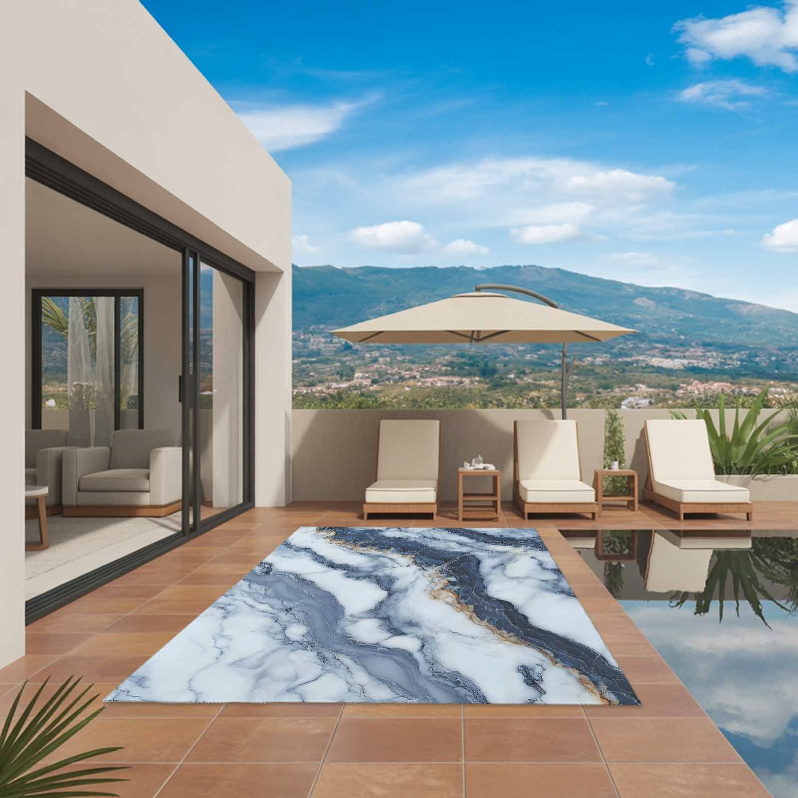 Outdoor Rug 5x8ft Ombre Blue White Marble Texture Large Area Rug Modern Art Indoor Outdoor Carpet Outdoor Rugs Mats for Patio Camping,RV,Front Door, Outside Decor