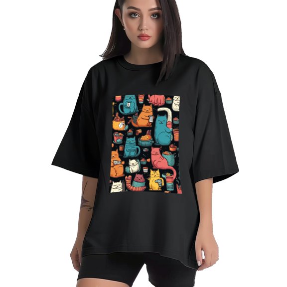 Plus Size Shirt for Women Black Tops for Women Short Sleeves Shirt for Women Cats T Shirt Crewneck Shirt for Women XS