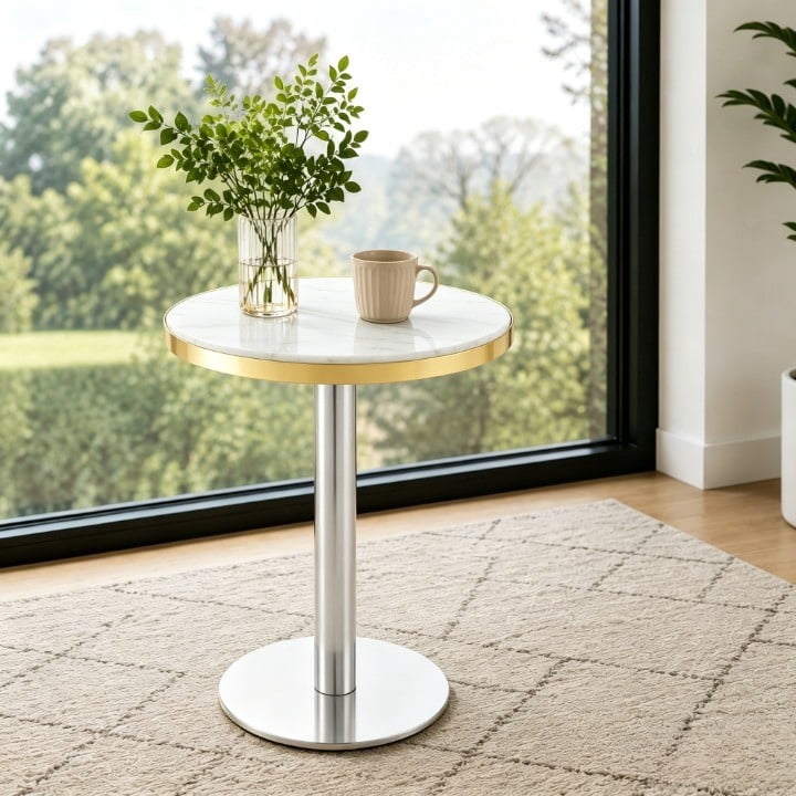 23.6" Round Light Luxury Coffee Table, UV Paint MDF Marble Texture Countertop with Stainless Steel Edging, Sturdy Metal Leg Side Table for Living Room Bedroom Entryway Office