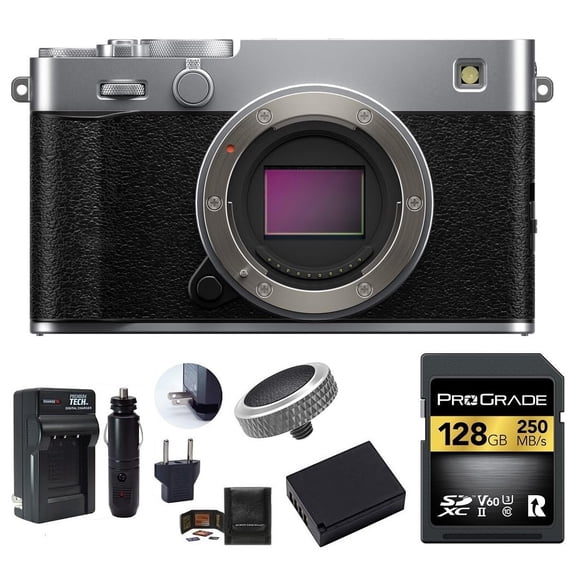 FUJIFILM X-E5 Mirrorless Camera Body, Includes: ProGrade Digital 128GB UHS-II SDXC Memory Card, Spare Battery and More (6 Items) (Silver)