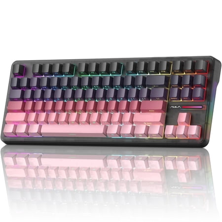 AULA F87 Pro TKL Wireless Mechanical Keyboard, Hot-Swappable, Tri-Mode, Gray Wood V4 Switch, Pink