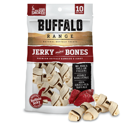 Buffalo Range Rawhide Dog Treats | Healthy, Grass-Fed Buffalo Jerky Raw Hide Chews | Hickory Smoked Flavor | Jerky Mini Bone, 10