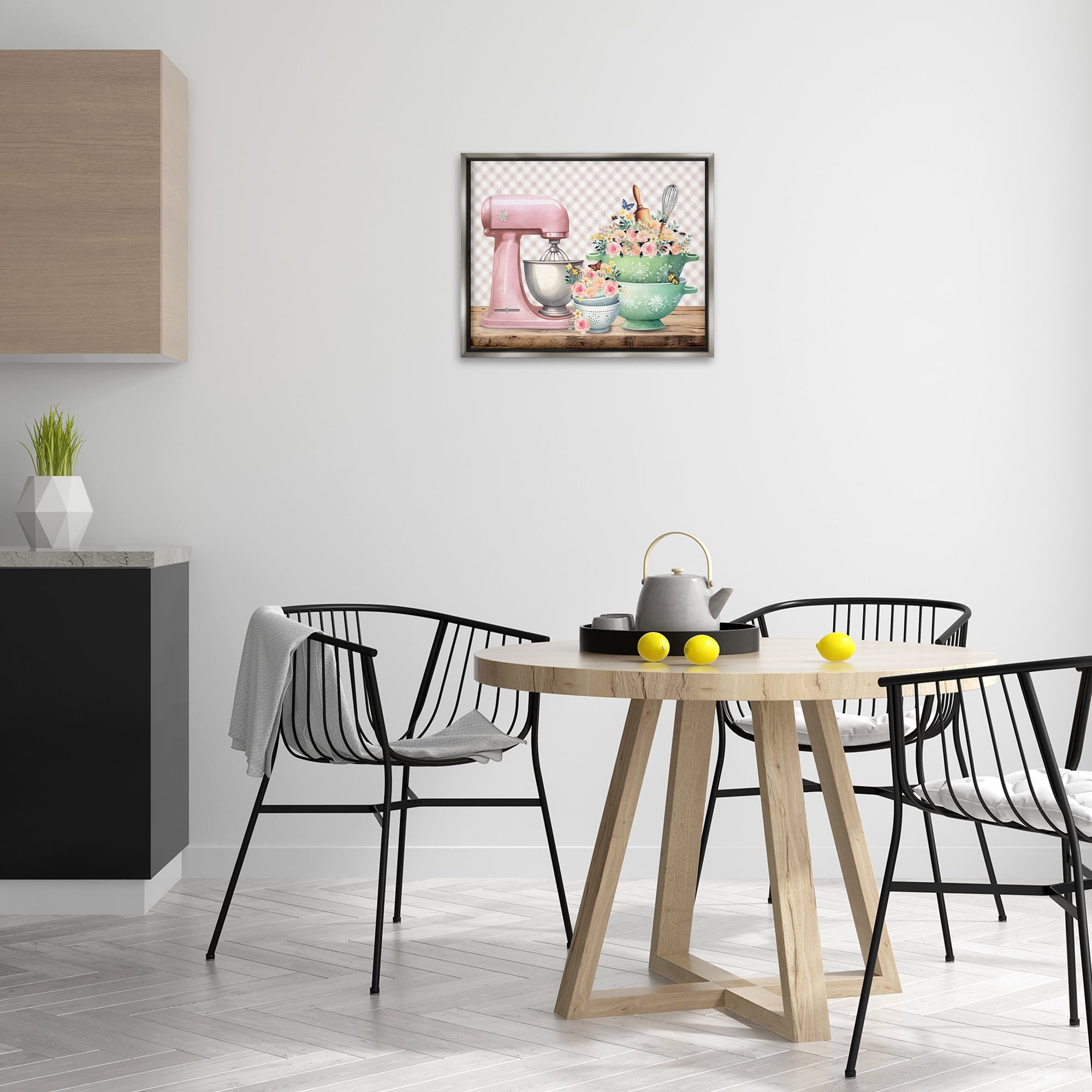 Stupell Industries Floral Gingham Kitchen Food & Beverage Painting Gray Floater Framed Canvas Art Print Wall Art, 21 x 17