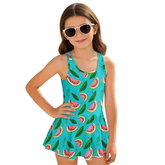 DISNIMO Watermelon Print Girls One Piece Swimsuits Sleeveless Swimwear Skirted Soft U Neck Bathing Suit Quick Dry Swim Dress Size 7-8