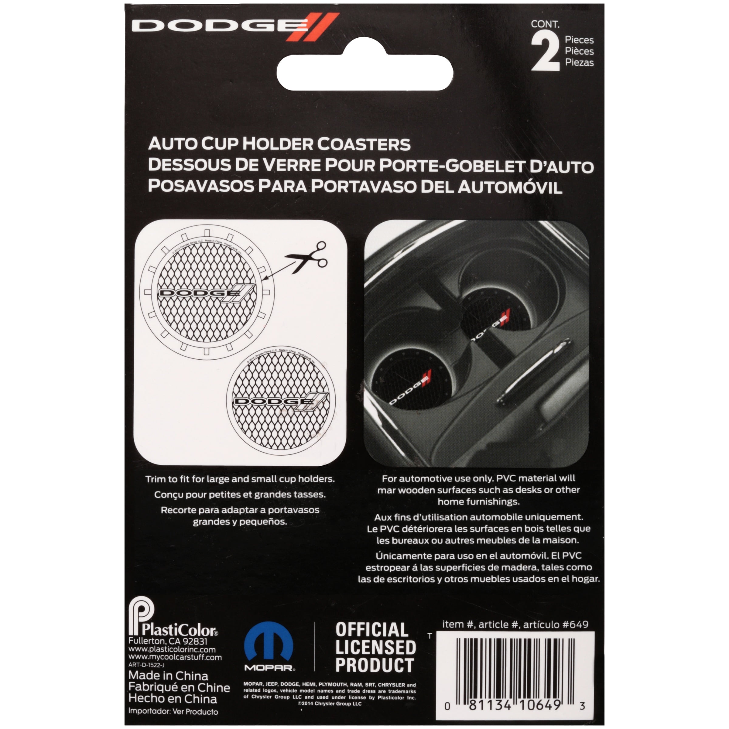 Plasticolor Dodge Automotive Cup Holder Coasters Black 2 Pack