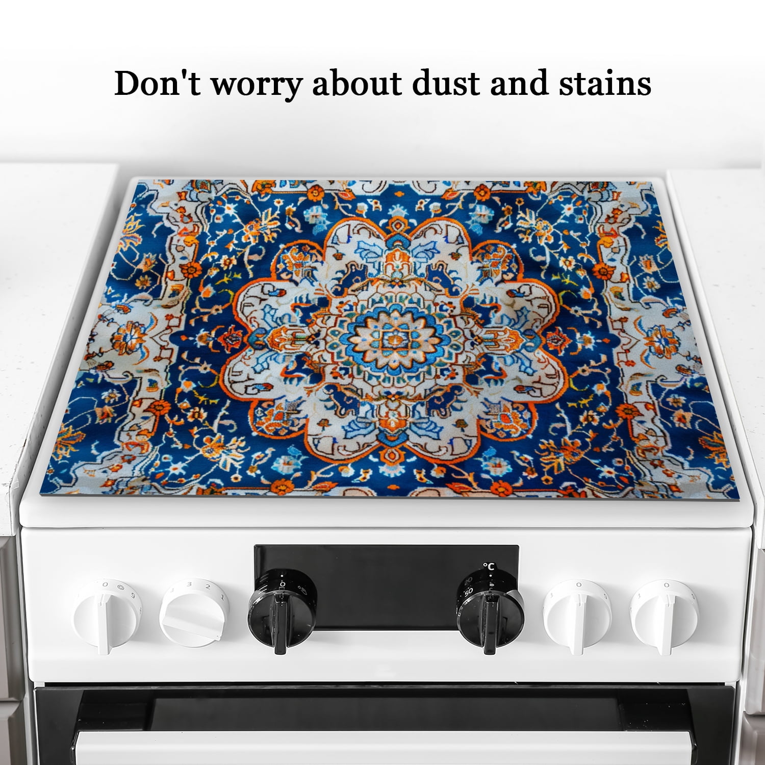 Square Ceramic Stove Top Cover, Vintage Bohemia Mandala Flowers Drawing Waterproof Glasstop Stove Mat, Kitchen Decor Accessories Pad for Kitchen RV (28×20 Inch)