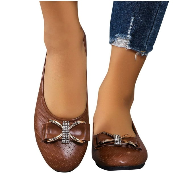 Xfvqtps Chaussures Plates Compensées Confortables pour Femmes, Respirantes, Bout Rond, à Enfiler, avec Strass, Chaussures Décontractées Légères, Brun