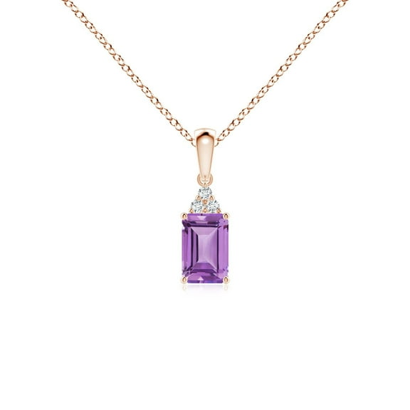ANGARA Natural Emerald-Cut Amethyst Pendant with Diamond Trio in 14K Rose Gold for Women (Size-6x4mm) | February Birthstone, Birthday, Anniversary, Jewelry Gift for Women | Natural Amethyst Necklace