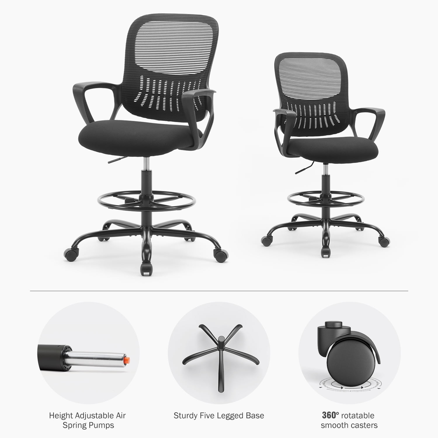 GIANNA Office Chair, Ergonomic Tall Mesh Office Chair with Storable Lumbar Support, Adjustable Foot Ring , Armrests and Mid Back High Task Chair with Wheels, Black