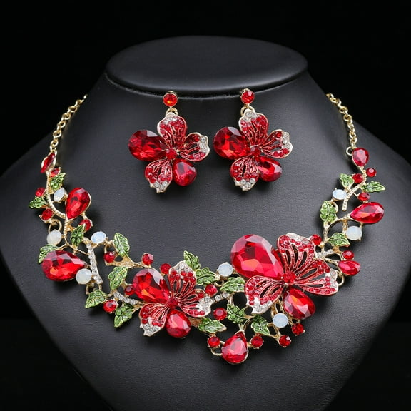 Exaggerated Luxury Necklace Earrings Two-piece Set of Colorful Flowers, Bridal Dress