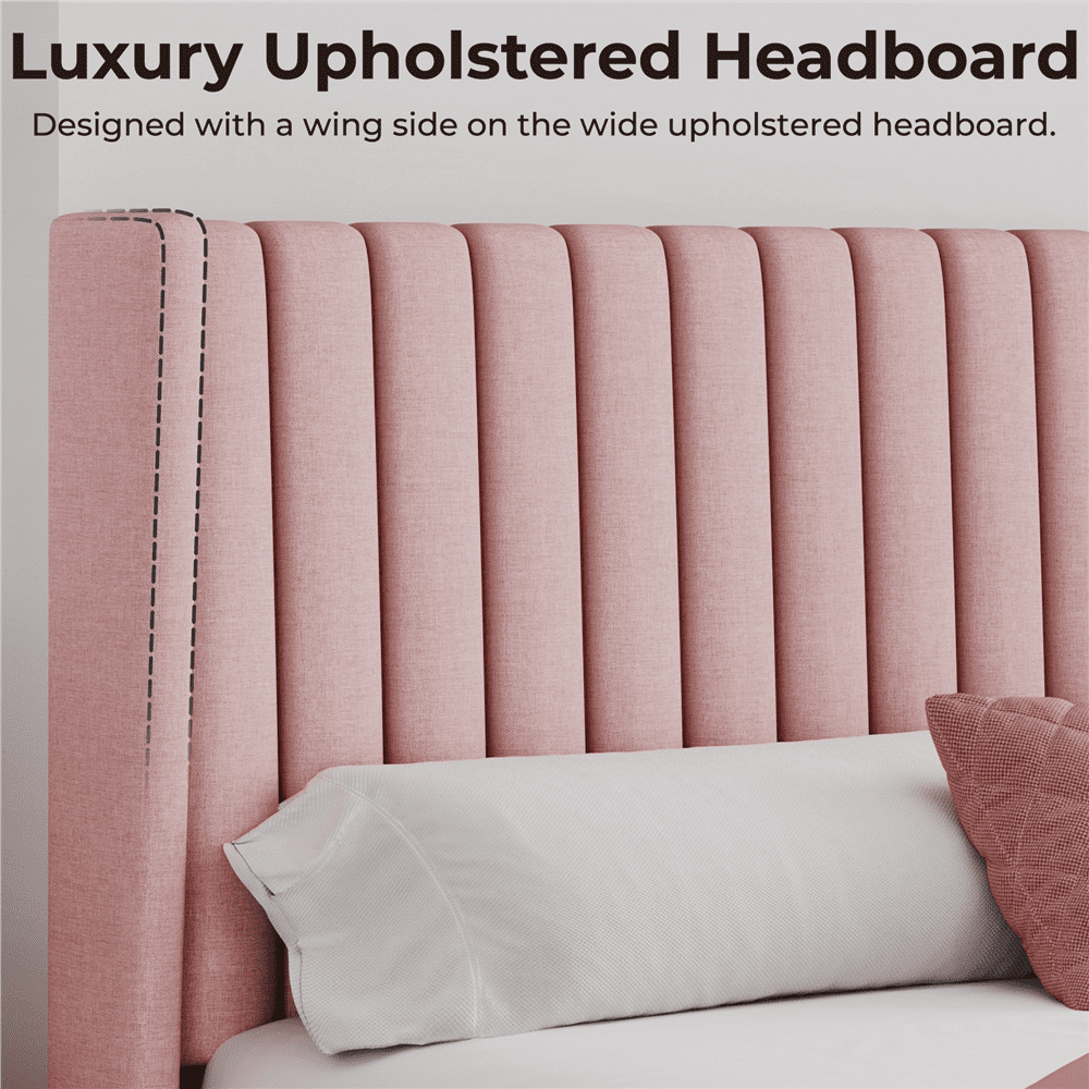 Renwick Upholstered Platform Bed Frame with Channel Tufted Headboard, Queen, Pink
