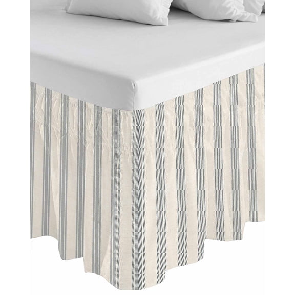 Blue Striped Wrap Around Bed Skirts for King Bed 16" Drop, Bed Skirt with Adjustable Elastic Belt Dust Ruffle Bed Valance for Bedroom Hotel Luxury Modern Farmhouse Stripes Rustic Bed Frame Cover