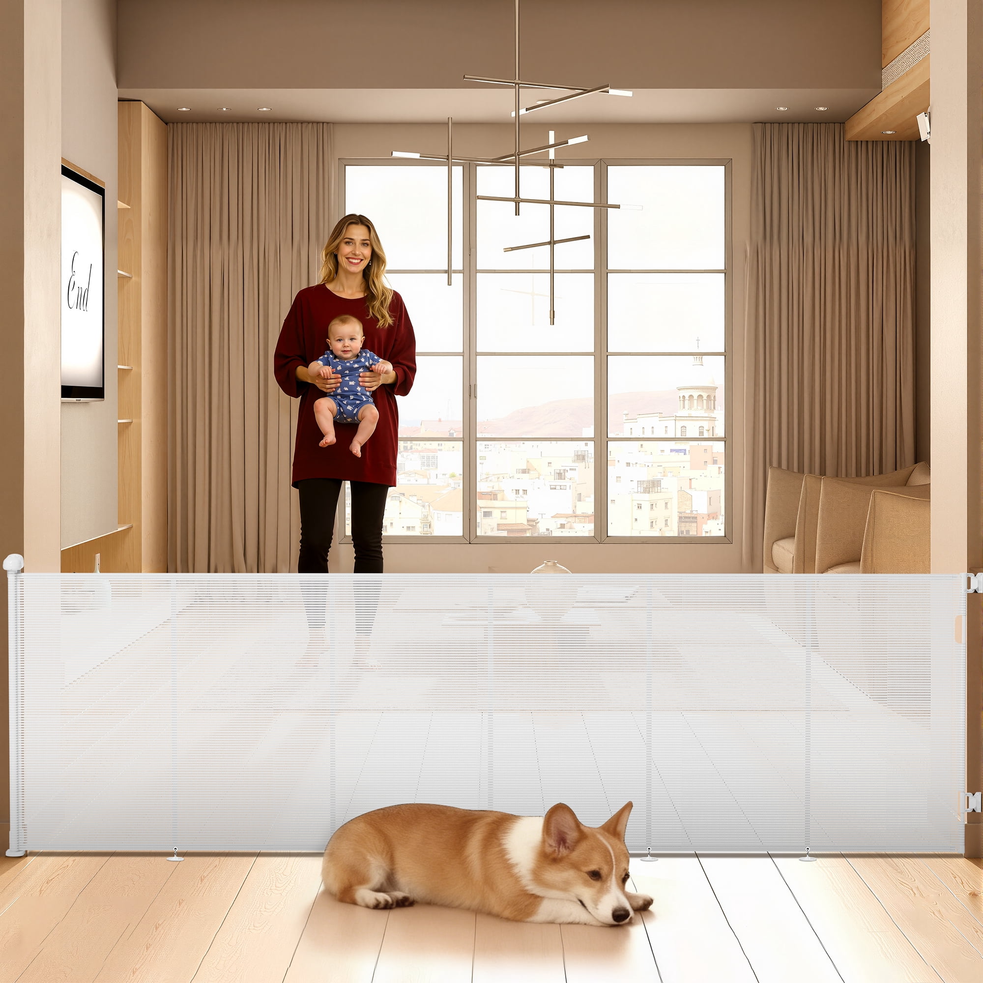 Retractable Baby Gate, TULILLO 42in Tall Baby Safety Gate, 120" Wide Baby Gate Dog Gate for Stair, Doorway, Auto-Lock,White