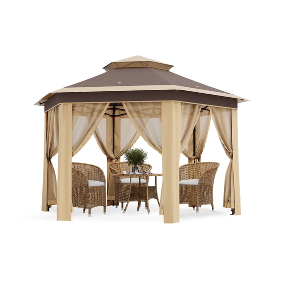 13x13 FT Pop-Up Gazebo – Double Roof, Mosquito Netting, Hexagonal Prompt Canopy Tent, UV & Rain Resistant, Adjustable Height, Portable Carry Bag for Patio, Backyard, Parties – Khaki + Beige