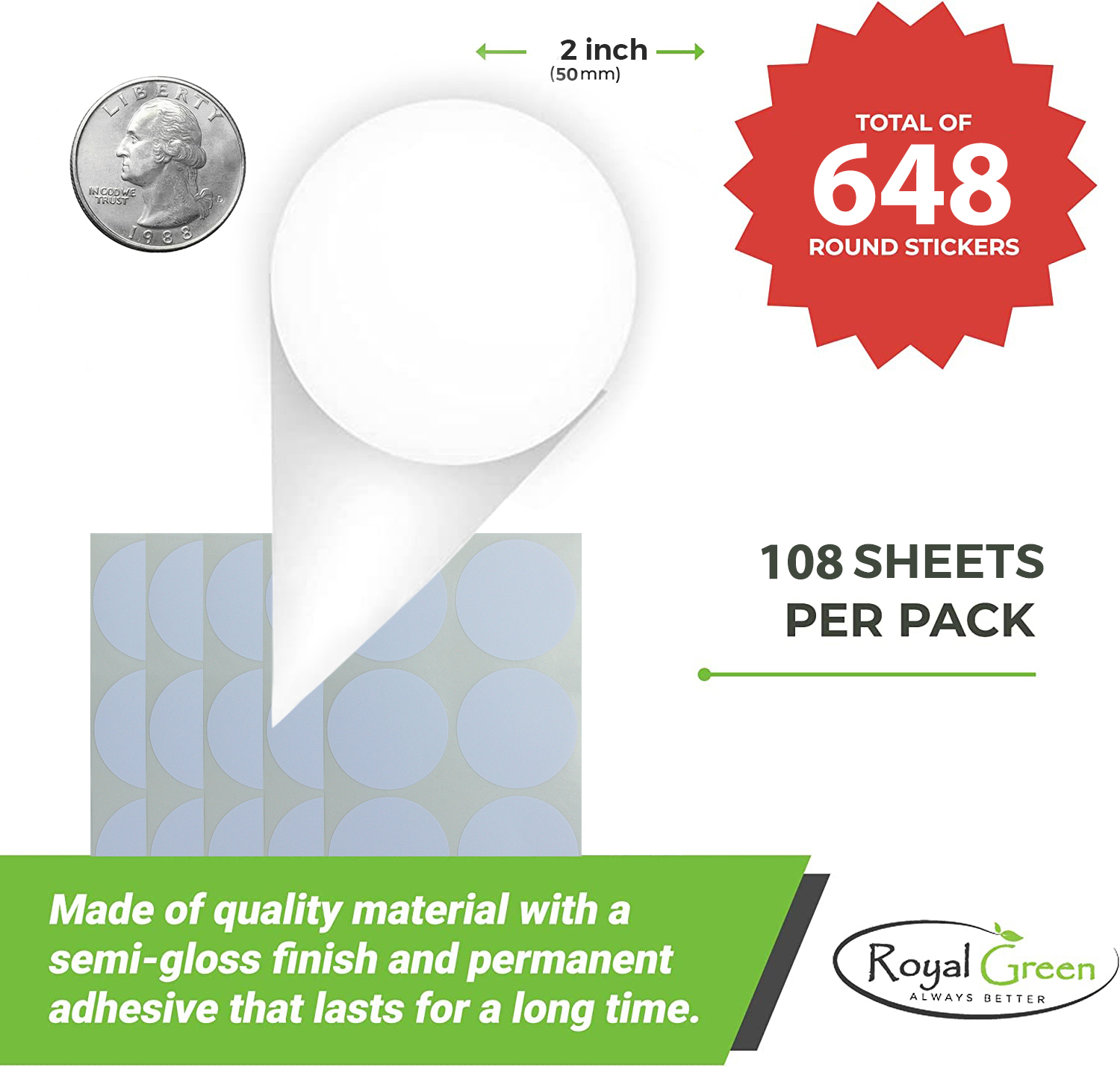 Color Round Labels 2 inch (50mm) - Circle Dot Stickers Blue Adhesive Label - 648 Pack by Royal Green
