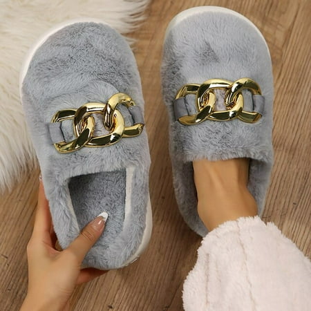 

QWZNDZGR Cheap White Fuzzy Fur Slippers With Gold Chain Women Winter Platform Mules Woman Fluffy Flatform Indoor Slippers Free Shipping