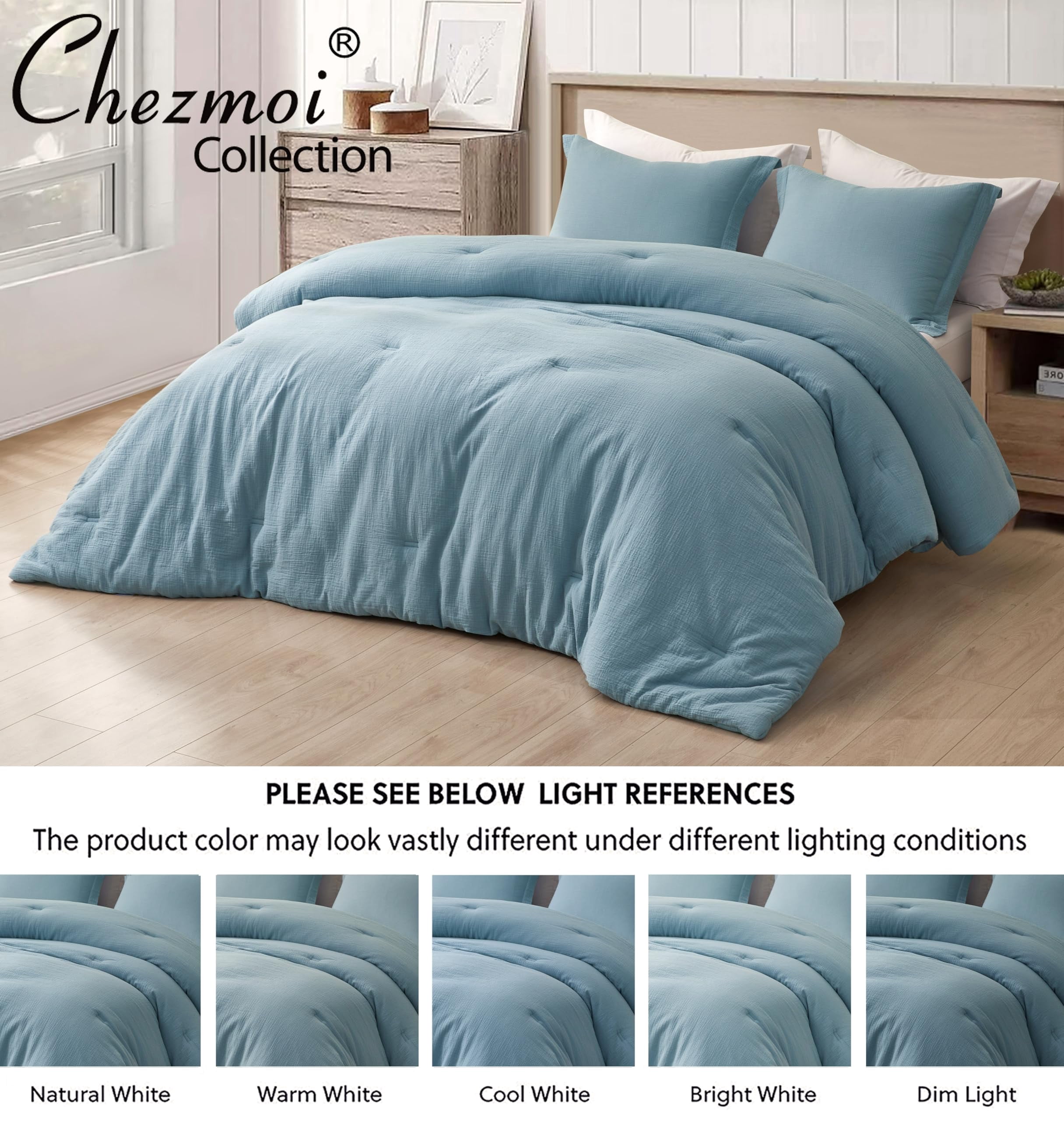 Chezmoi Collection Breeze 3-Piece 100% Cotton Muslin King Comforter Set, Lake Blue Soft Washed Cotton Gauze Comforter, Lightweight Breathable Bedding for All Season
