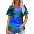 thumbnail image 2 of Ayolanni Short Sleeve Blouses for Women Casual Scoop Neck Tropical Print Pleated Blouse Beach Fitted Shirts Women's Tops, Tees & Blouses Blue L, 2 of 6