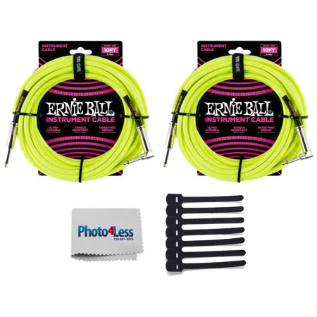 Ernie Ball 10' Braided Straight / Angle Instrument Cable Neon - Yellow (2) + 3.5 L Wrap Hook-&-Loop Cable Tie BK PK 7
