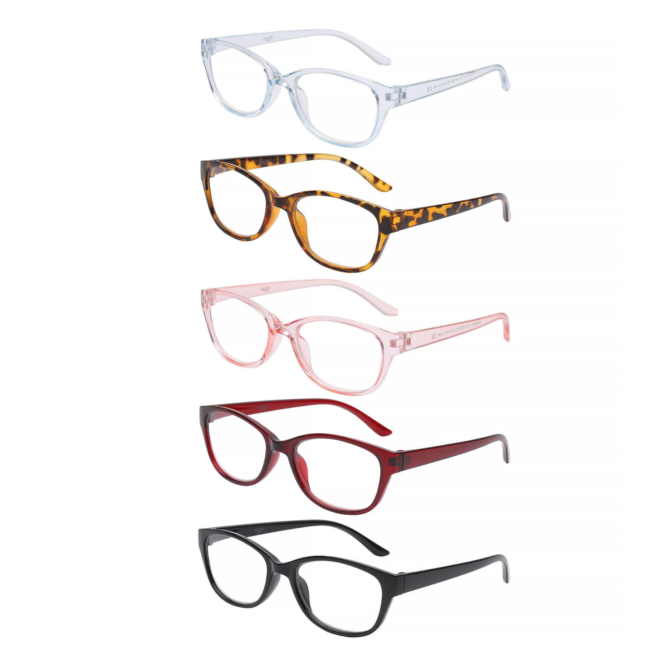 (2 pack) Equate Amanda 5-Pack Womens Plastic Reading Glasses with Case, Tortoise/Blue Crystal/Red Crystal/Black/Pink Crystal, +1.50