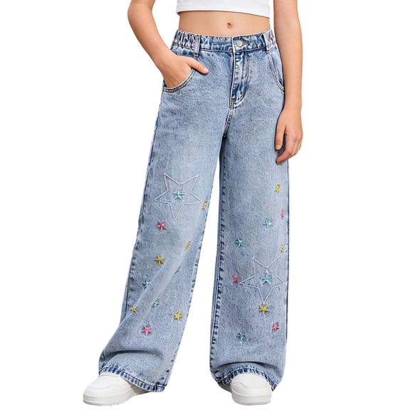 YUEHUA girls jeans size 6, Girls High Waist Straight Leg Jeans With Star Embroidery And Casual Loose Fit Denim Pants For Teenagers Comfortable Long Trousers