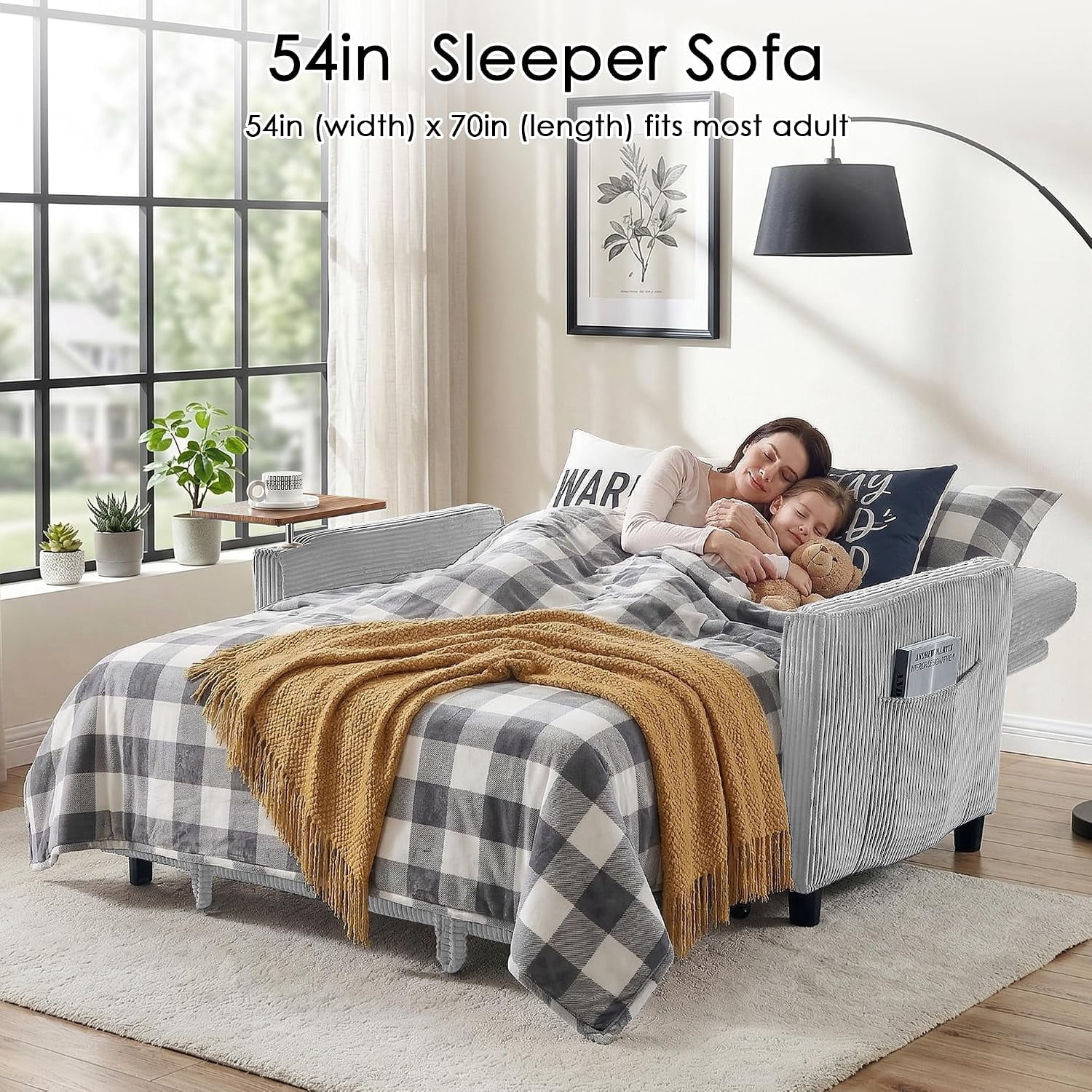 55" Sleeper Sofa Bed, Convertible Pull Out Couch with Side Stand, USB Ports, Side Pockets, Corduroy Fabric, Adjustable Backrest, Light Grey