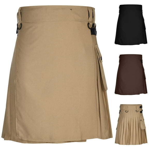 FRSASU Men Kilt Pleated Scottish Kilts Button Short Skirt with Pockets Holiday Skirt Pleated Skirt Khaki