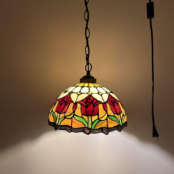 Tiffany Pendant Lights Plug In Stained Glass Red Tulips LED Bulb Included for Dining Room Hotel Restaurant Cafe 12"W*12"D*60"H