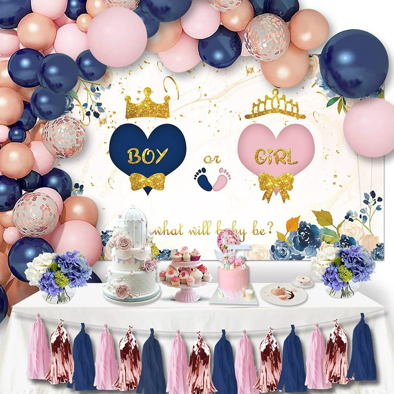 131PCS Gender Reveal Decorations Party Supplies with Boy or Girl  Backdrop,Balloon Arch Kit,Paper Tassel Gender Reveal Theme Party Decoration