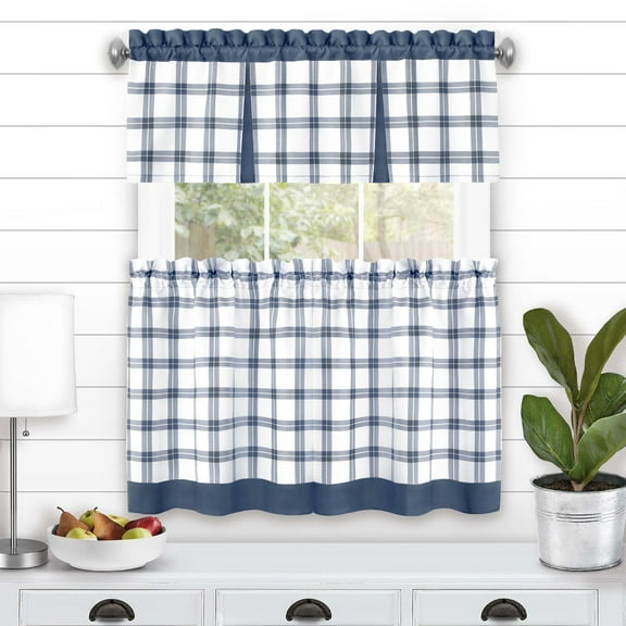 Achim Tate Plaid Light Filtering Tier and Valance Curtain Set, Blue, 58" x 24"